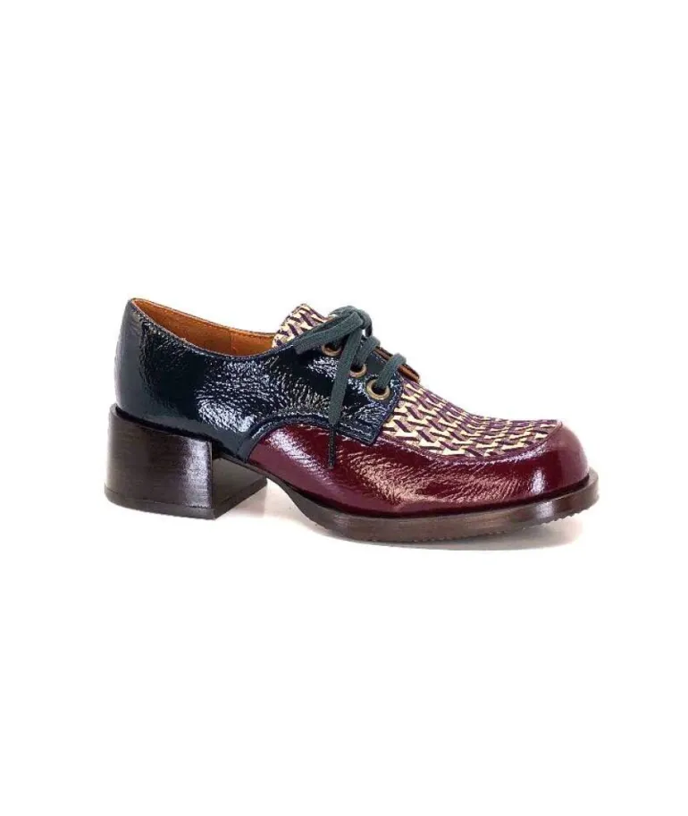 Chie Mihara Trudu Cuir Vernis Purple, Vert & Toile Satin Imprimee