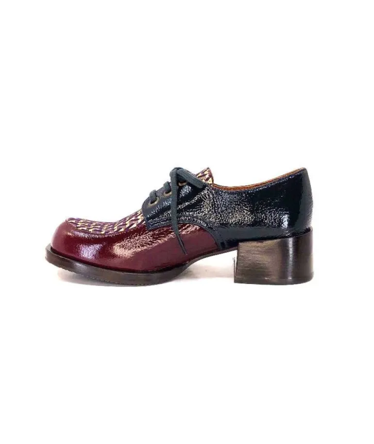 Chie Mihara Trudu Cuir Vernis Purple, Vert & Toile Satin Imprimee